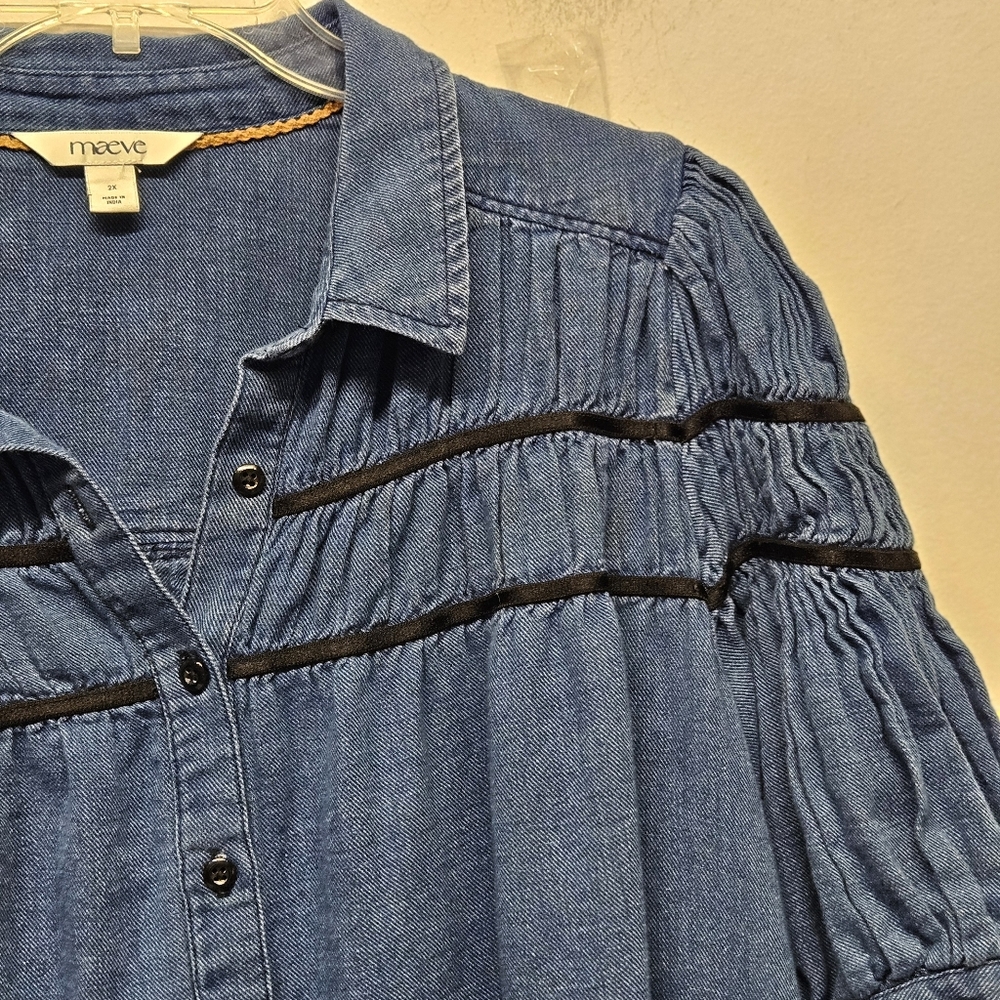 Maeve Leandra Shirred Yoke Mini Dress Size 2X Denim Button Down Ruffle Sleeves - Picture 9 of 15